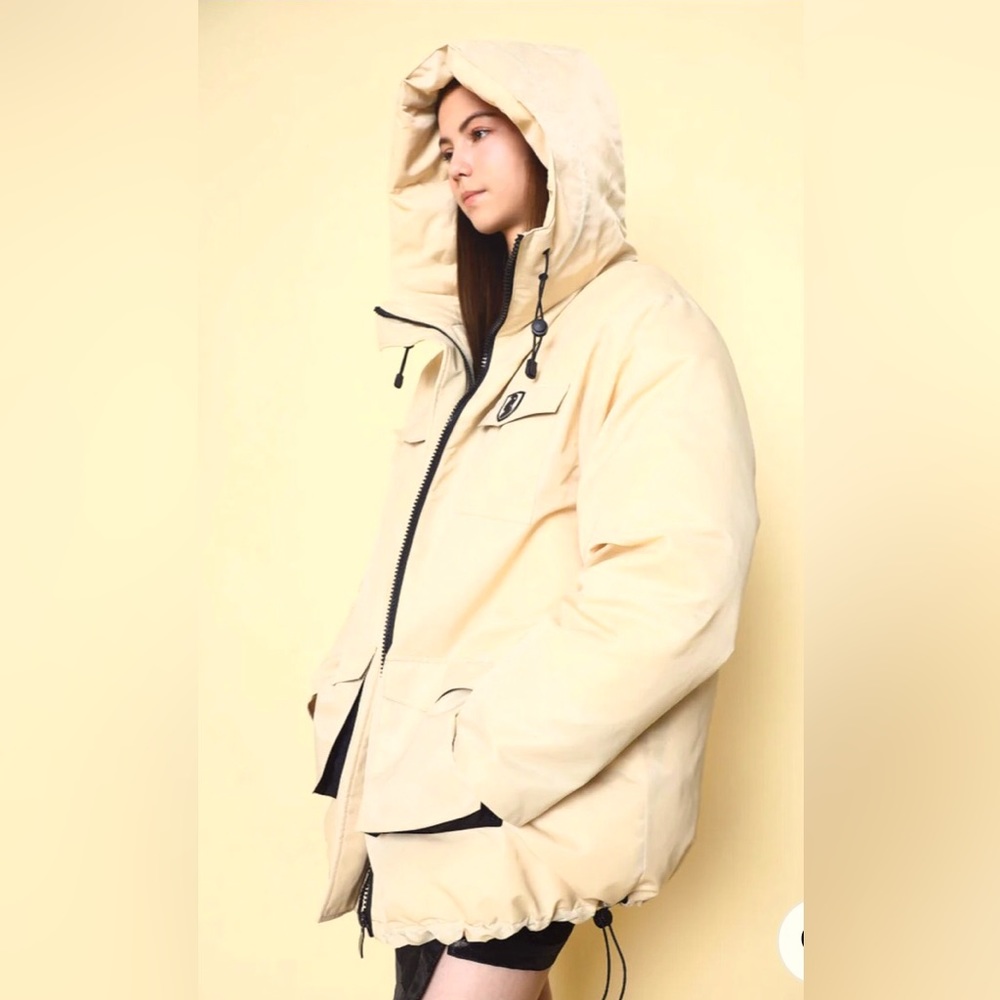 NWT VHNY Down Parka Oversized Winter Coat Beige Hooded Down Parka Jacket Sz M - Picture 1 of 12